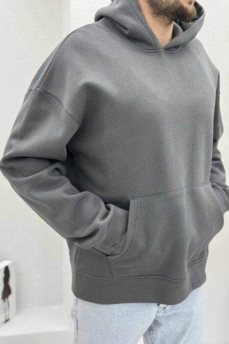 ONE COLOR SIMPLE FLUFFY MEN HOODIE DARK GREY/GEE - 4