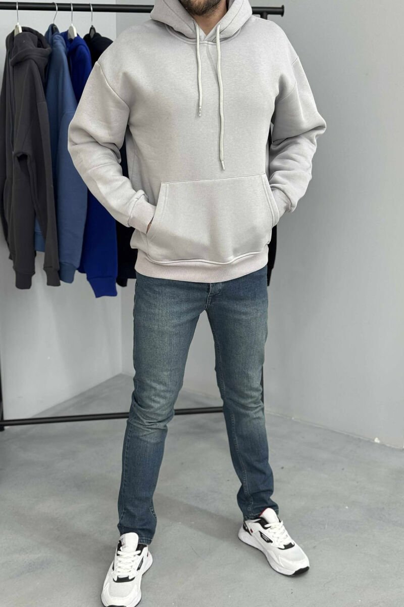 ONE COLOR SIMPLE FLUFFY MEN HOODIE GREY/GRI - 1