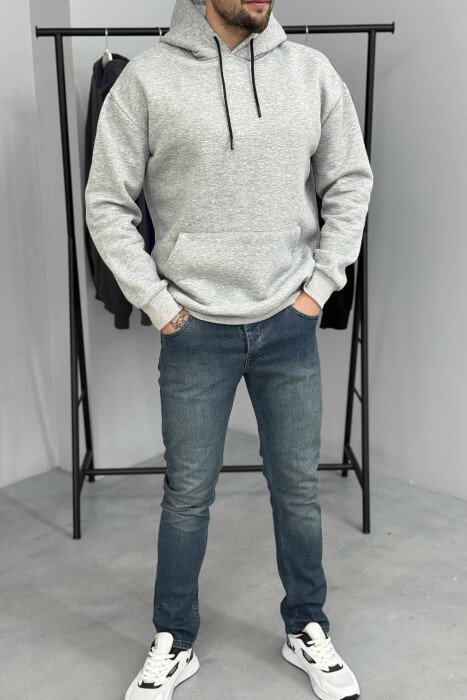 ONE COLOR SIMPLE FLUFFY MEN HOODIE LIGHT GREY/GZ - 1