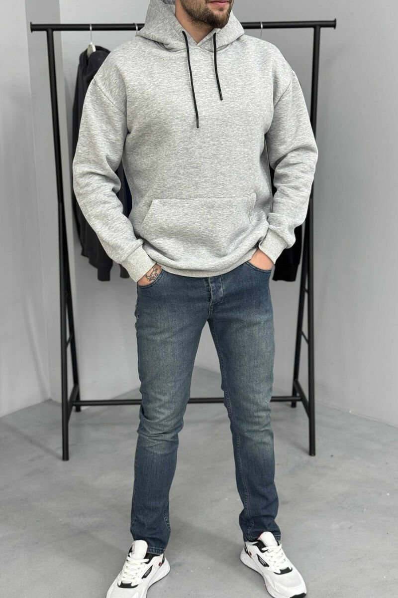 ONE COLOR SIMPLE FLUFFY MEN HOODIE LIGHT GREY/GZ - 1