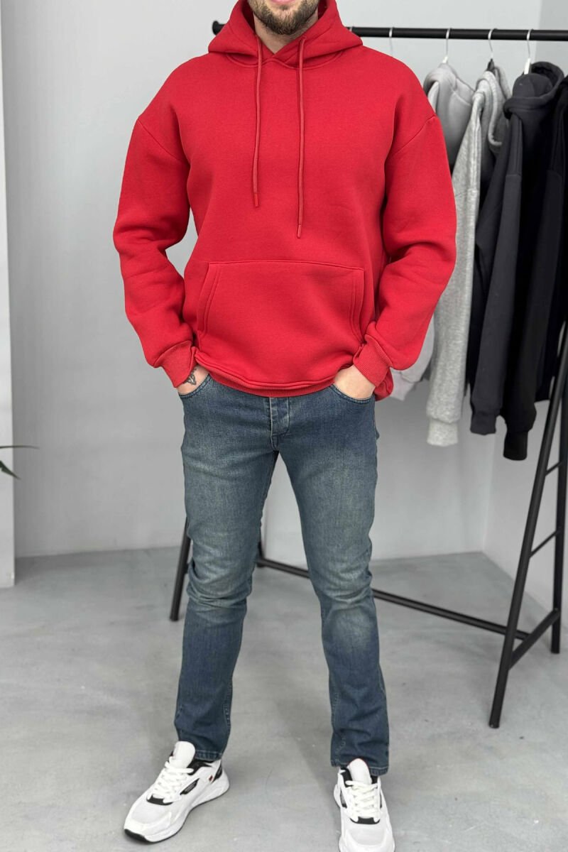 ONE COLOR SIMPLE FLUFFY MEN HOODIE RED/E KUQE - 1
