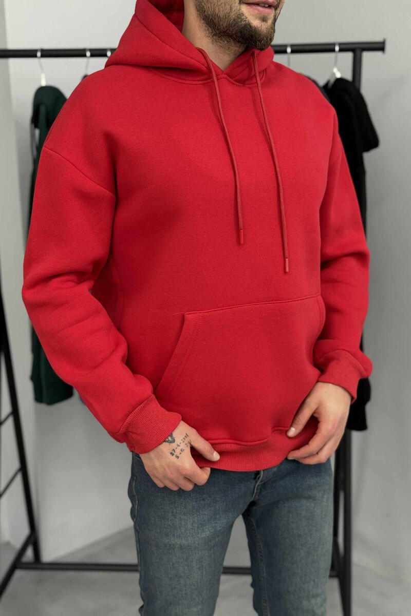 ONE COLOR SIMPLE FLUFFY MEN HOODIE RED/E KUQE - 3