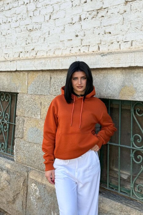 ONE COLOR SIMPLE FLUFFY WOMAN HOODIE BRICK/TULLE - 
