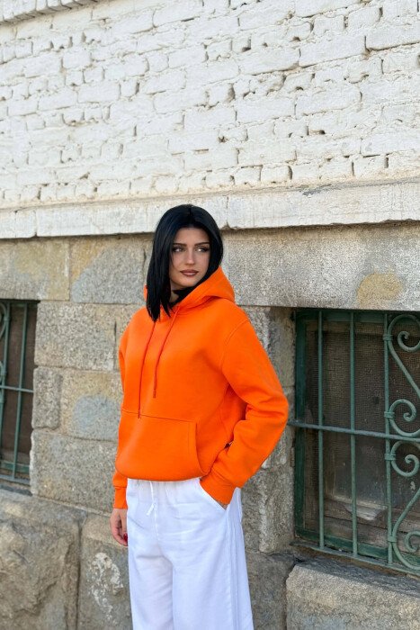 ONE COLOR SIMPLE FLUFFY WOMAN HOODIE ORANGE/PORTOKALLI - 