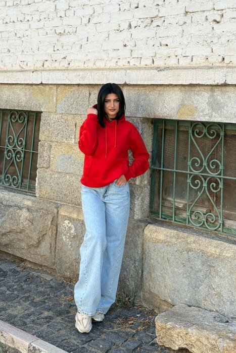 ONE COLOR SIMPLE FLUFFY WOMAN HOODIE RED/E KUQE - 