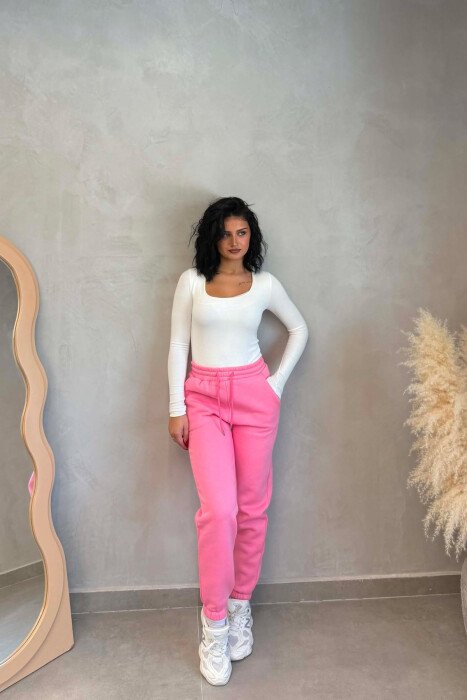 ONE COLOR SIMPLE FLUFFY WOMAN SWEATPANTS PINK/ROZE - KLAUDIO FASHION