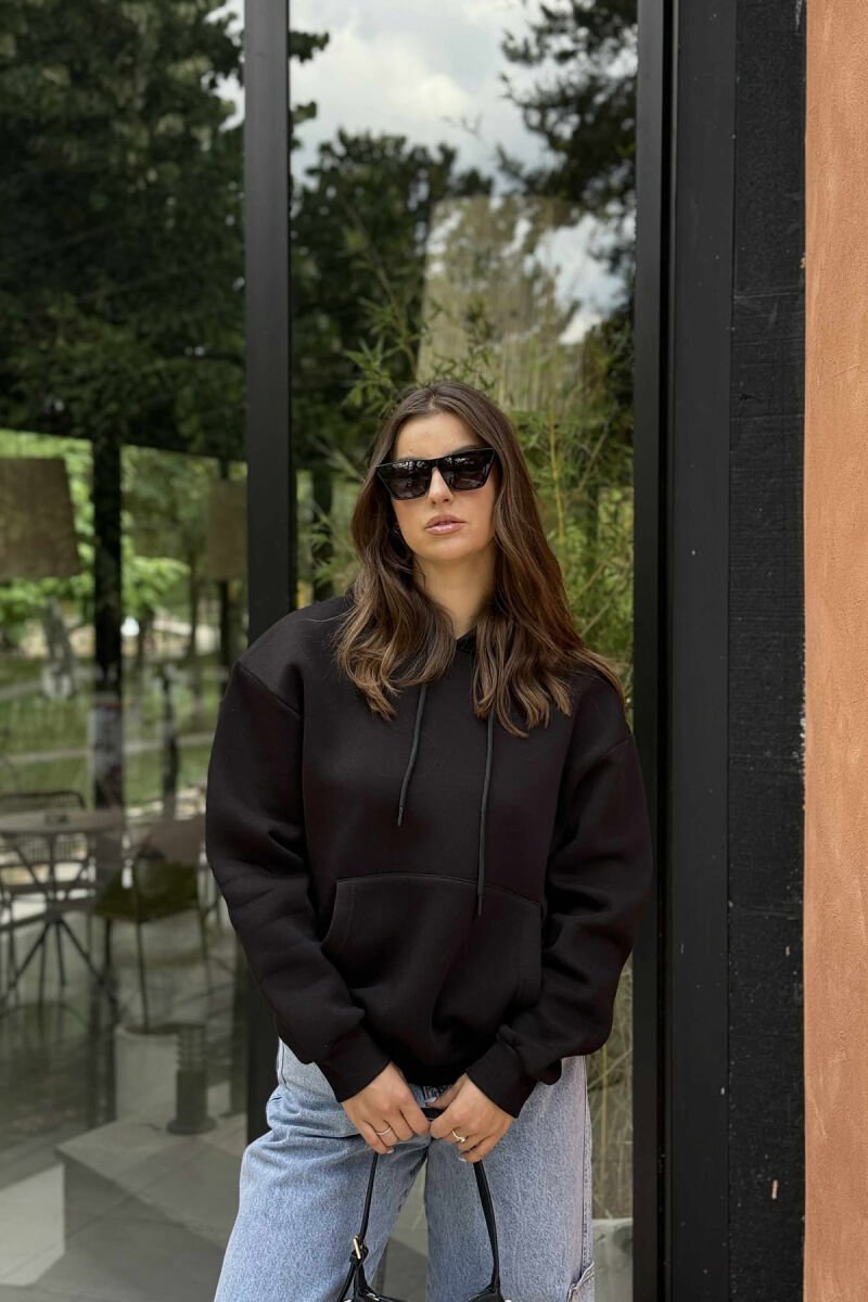 ONE COLOR SIMPLE FLUFFY WOMEN HOODIE BLACK/ E ZEZE - 1