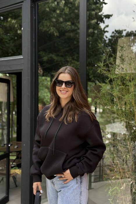 ONE COLOR SIMPLE FLUFFY WOMEN HOODIE BLACK/ E ZEZE - 2