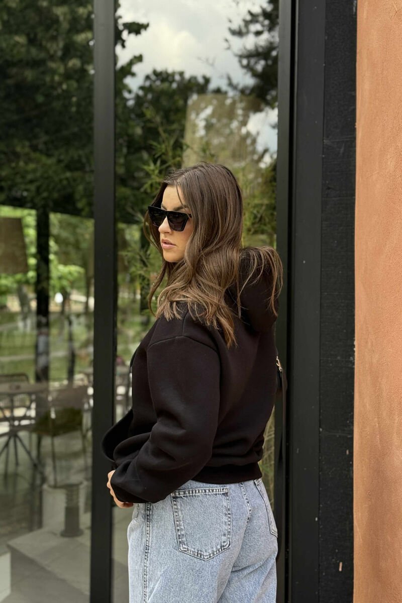 ONE COLOR SIMPLE FLUFFY WOMEN HOODIE BLACK/ E ZEZE - 3