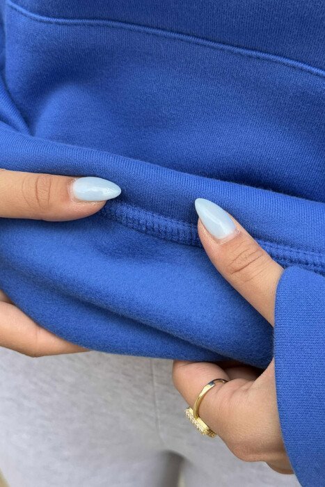 ONE COLOR SIMPLE FLUFFY WOMEN HOODIE BLUE/BLU - 5