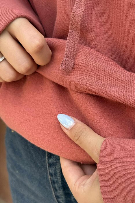 ONE COLOR SIMPLE FLUFFY WOMEN HOODIE BRICK/TULLE - 5