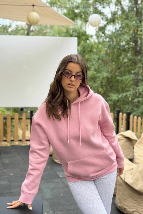 ONE COLOR SIMPLE FLUFFY WOMEN HOODIE PINK/ROZE 