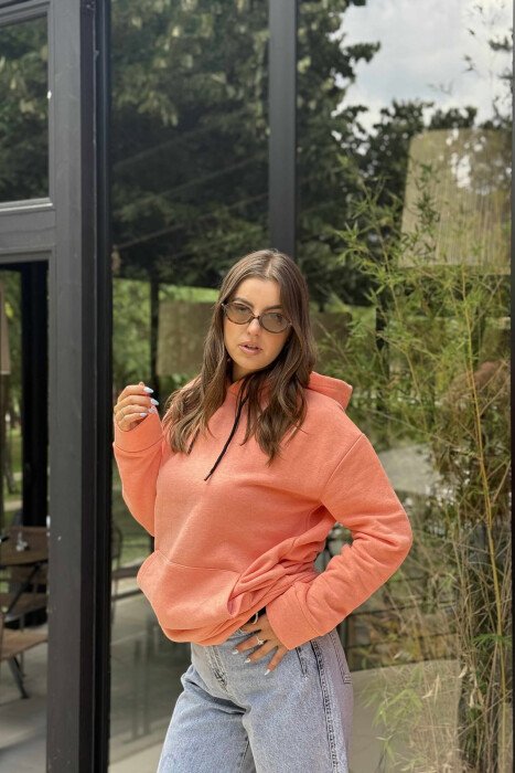 ONE COLOR SIMPLE FLUFFY WOMEN HOODIE SALMON/SALMON - 2