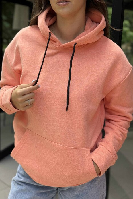 ONE COLOR SIMPLE FLUFFY WOMEN HOODIE SALMON/SALMON - 5