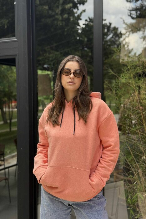 ONE COLOR SIMPLE FLUFFY WOMEN HOODIE SALMON/SALMON - 1