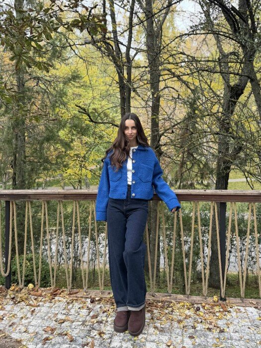 ONE COLOR SIMPLE FLUFFY WOMEN JACKET BLUE/BLU 