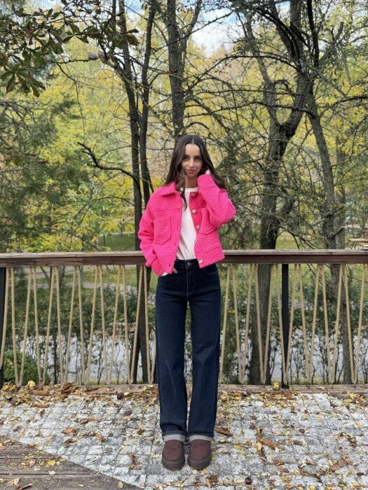 ONE COLOR SIMPLE FLUFFY WOMEN JACKET FUCHSIA/CIKLAMI 