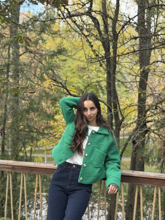 ONE COLOR SIMPLE FLUFFY WOMEN JACKET GREEN/JESHILE - 3