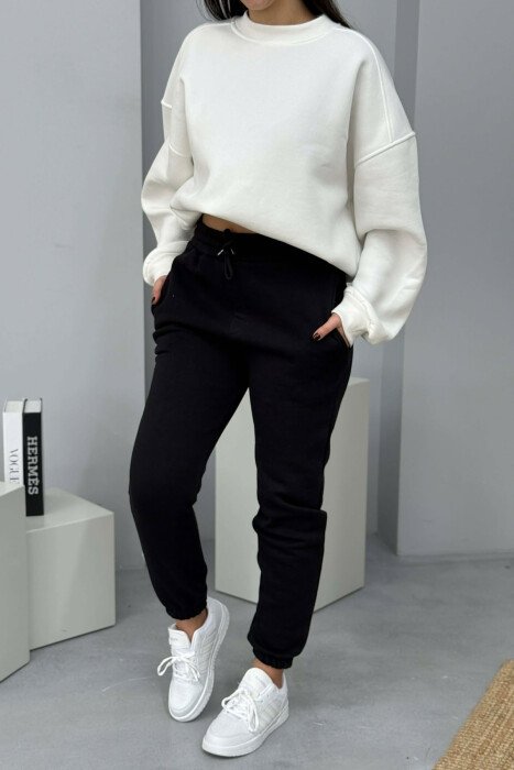 ONE COLOR SIMPLE FLUFFY WOMEN JOGGERS BLACK/ E ZEZE - KLAUDIO FASHION