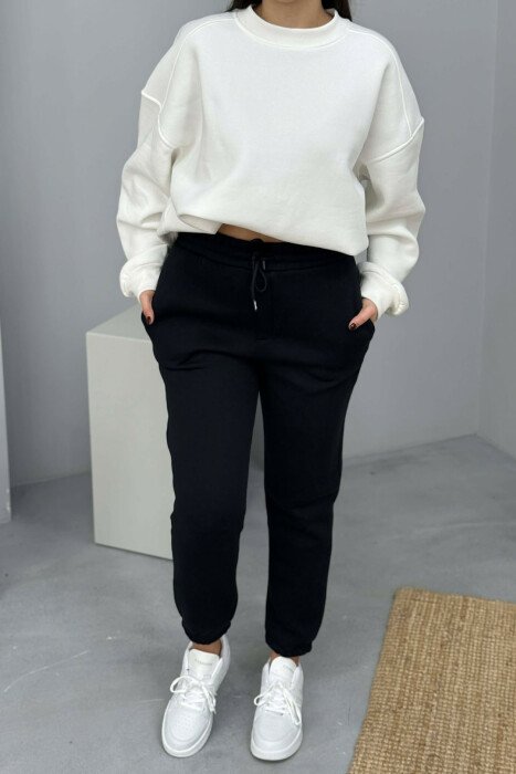ONE COLOR SIMPLE FLUFFY WOMEN JOGGERS DARK BLUE/BEE - KLAUDIO FASHION