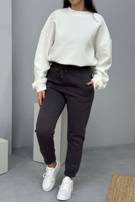 ONE COLOR SIMPLE FLUFFY WOMEN JOGGERS DARK GREY/GEE - KLAUDIO FASHION