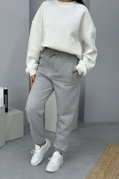 ONE COLOR SIMPLE FLUFFY WOMEN JOGGERS LIGHT GREY/GZ - KLAUDIO FASHION