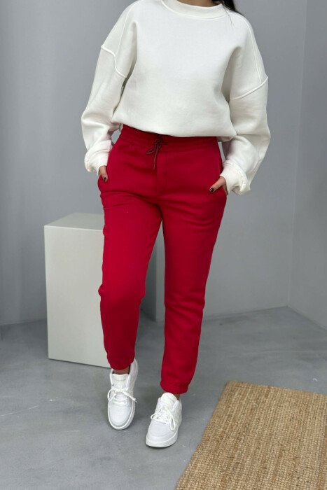ONE COLOR SIMPLE FLUFFY WOMEN JOGGERS RED/E KUQE - KLAUDIO FASHION