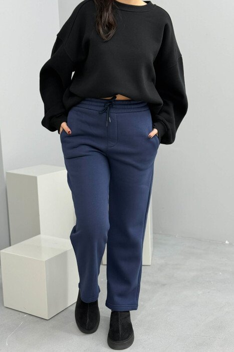 ONE COLOR SIMPLE FLUFFY WOMEN SWEATPANTS DARK BLUE/BEE 