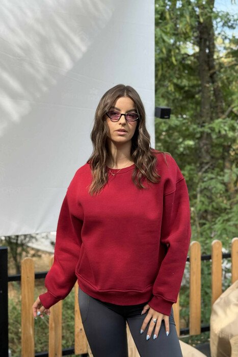 ONE COLOR SIMPLE FLUFFY WOMEN SWEATSHIRT BURGUNDY/VISHNJE - KLAUDIO FASHION