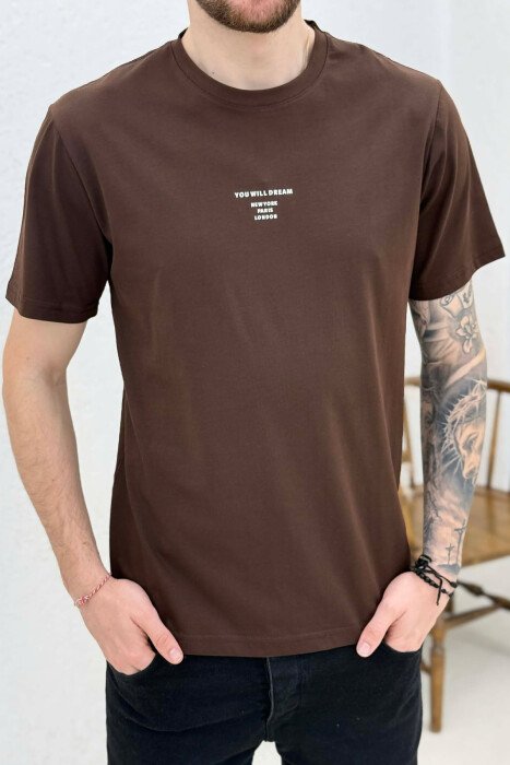 ONE COLOR SIMPLE FRONT WRITTINGS MEN T-SHIRT BROWN/KAFE - 2