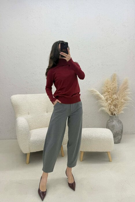 ONE COLOR SIMPLE HIGH NECK WOMEN SWEATER BURGUNDY/VISHNJE - 2