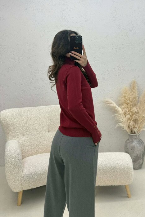 ONE COLOR SIMPLE HIGH NECK WOMEN SWEATER BURGUNDY/VISHNJE - 4