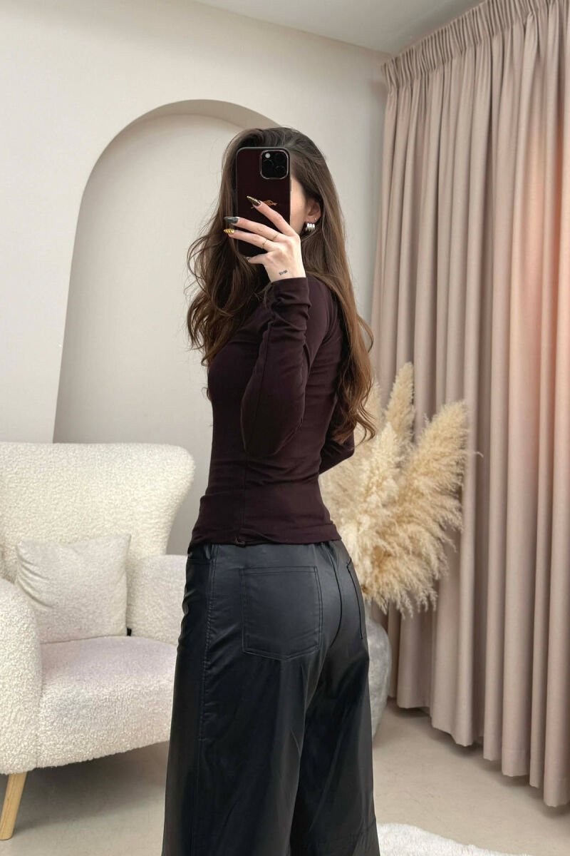 ONE COLOR SIMPLE HIGH NECK WOMEN SWEATSHIRT BROWN/KAFE - 4