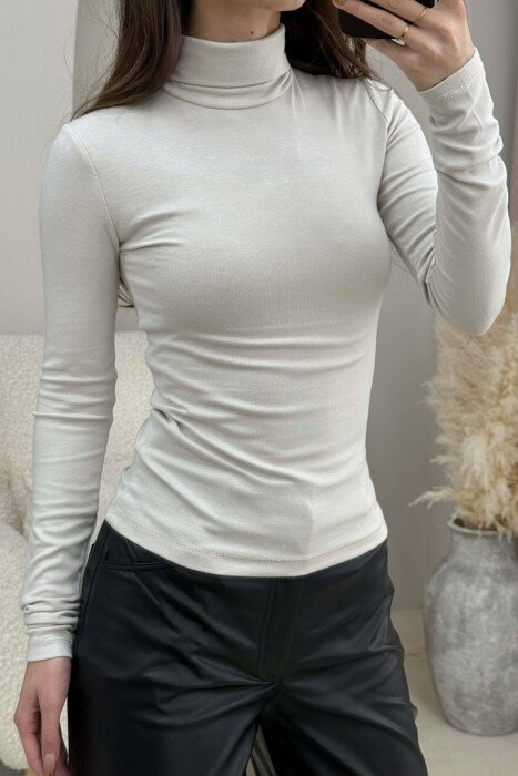 ONE COLOR SIMPLE HIGH NECK WOMEN SWEATSHIRT CREAM/KREM - 2
