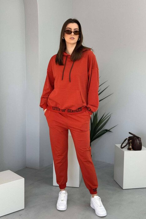 ONE COLOR SIMPLE HOODIE+JOGGERS WOMEN SET BRICK/TULLE 