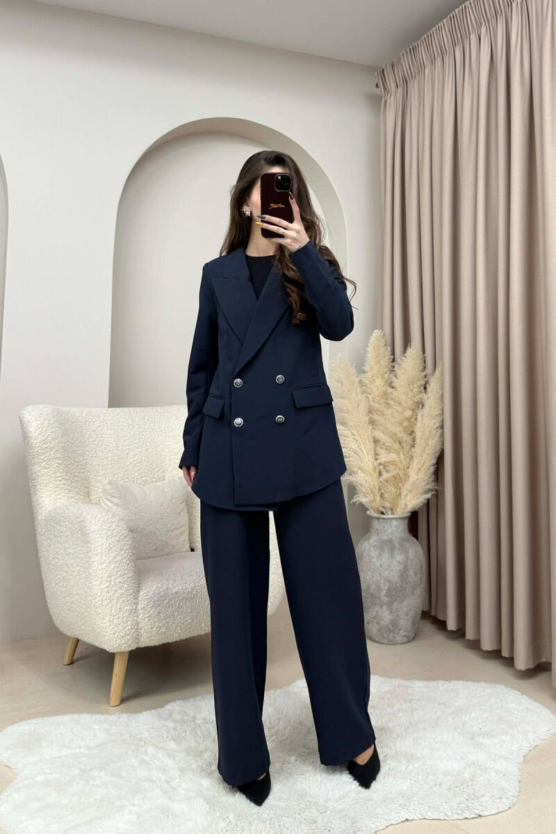 ONE COLOR SIMPLE JACKET+ TROUSERS WOMEN SET DARK BLUE/BEE - 2