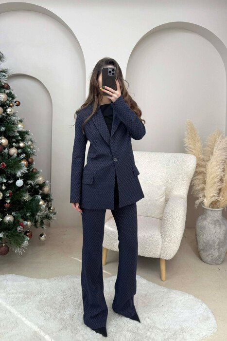 ONE COLOR SIMPLE JACKET + TROUSERS WOMEN SET DARK BLUE/BEE - 2