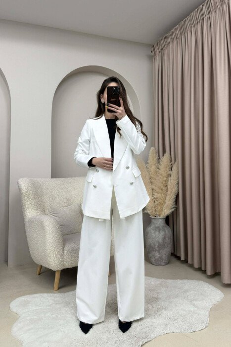 ONE COLOR SIMPLE JACKET+ TROUSERS WOMEN SET WHITE-E BARDHE - KLAUDIO FASHION
