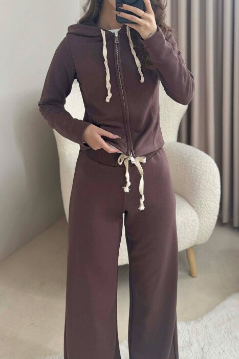 ONE COLOR SIMPLE JACKET+SWEATPANTS WOMEN SET BROWN/KAFE - 4