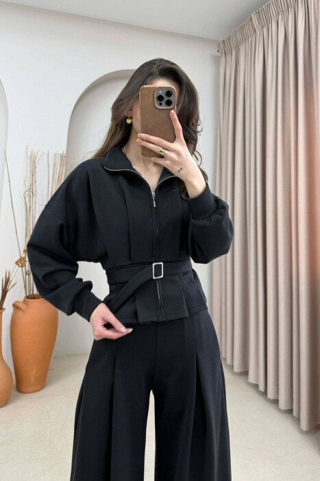 ONE COLOR SIMPLE JACKET+TROUSERS WOMEN SET BLACK/ E ZEZE - 3