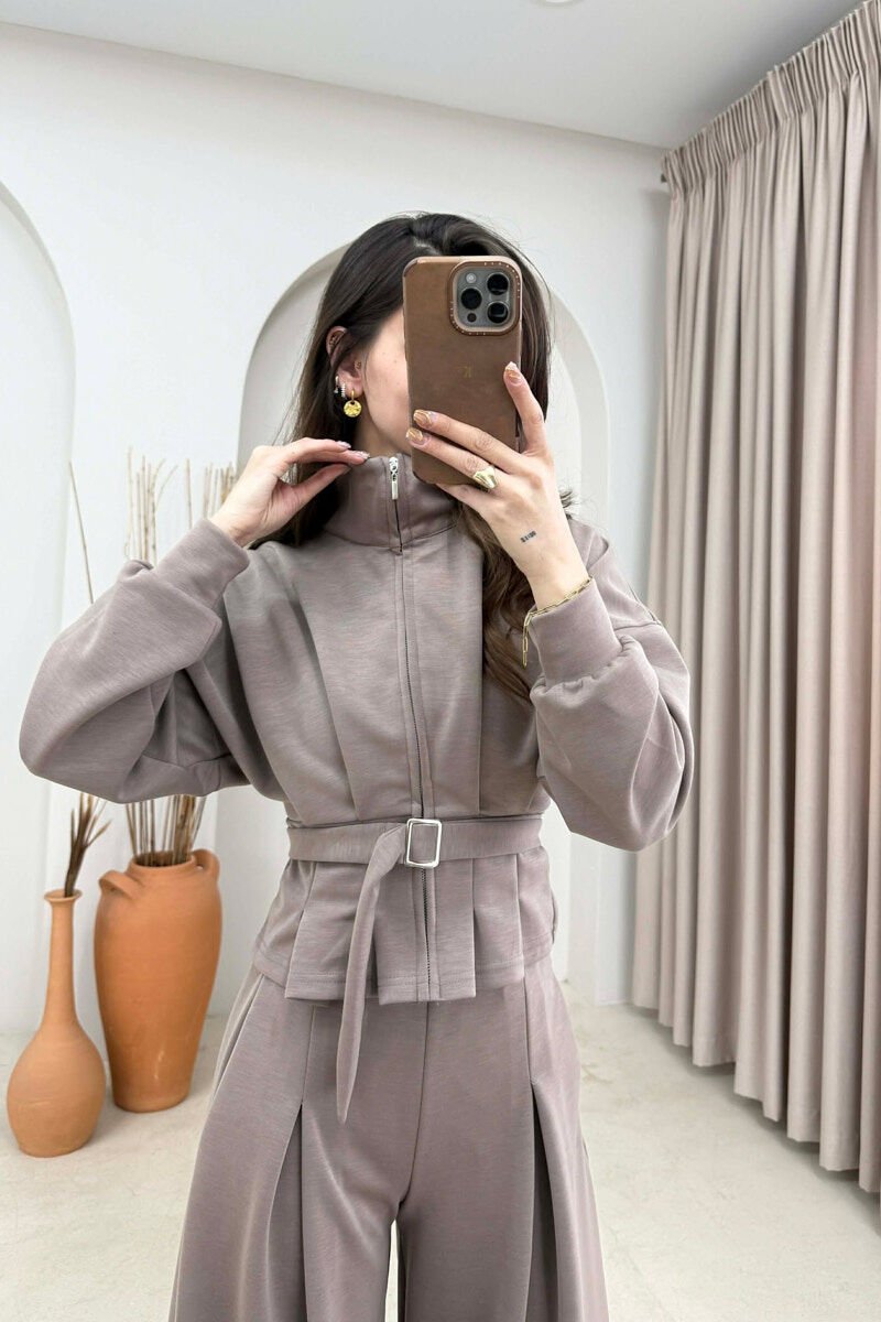 ONE COLOR SIMPLE JACKET+TROUSERS WOMEN SET LIGHT BROWN/KAZB - 2