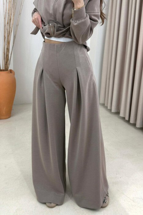 ONE COLOR SIMPLE JACKET+TROUSERS WOMEN SET LIGHT BROWN/KAZB - 3