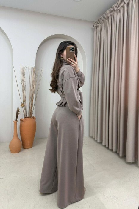 ONE COLOR SIMPLE JACKET+TROUSERS WOMEN SET LIGHT BROWN/KAZB - 4