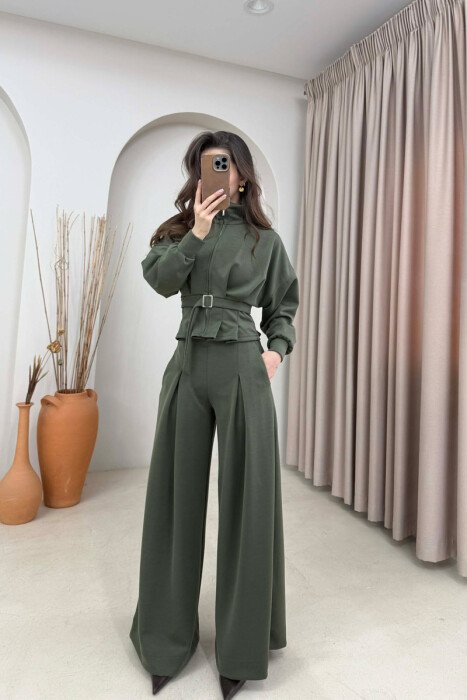ONE COLOR SIMPLE JACKET+TROUSERS WOMEN SET OLIVE/ULLI 