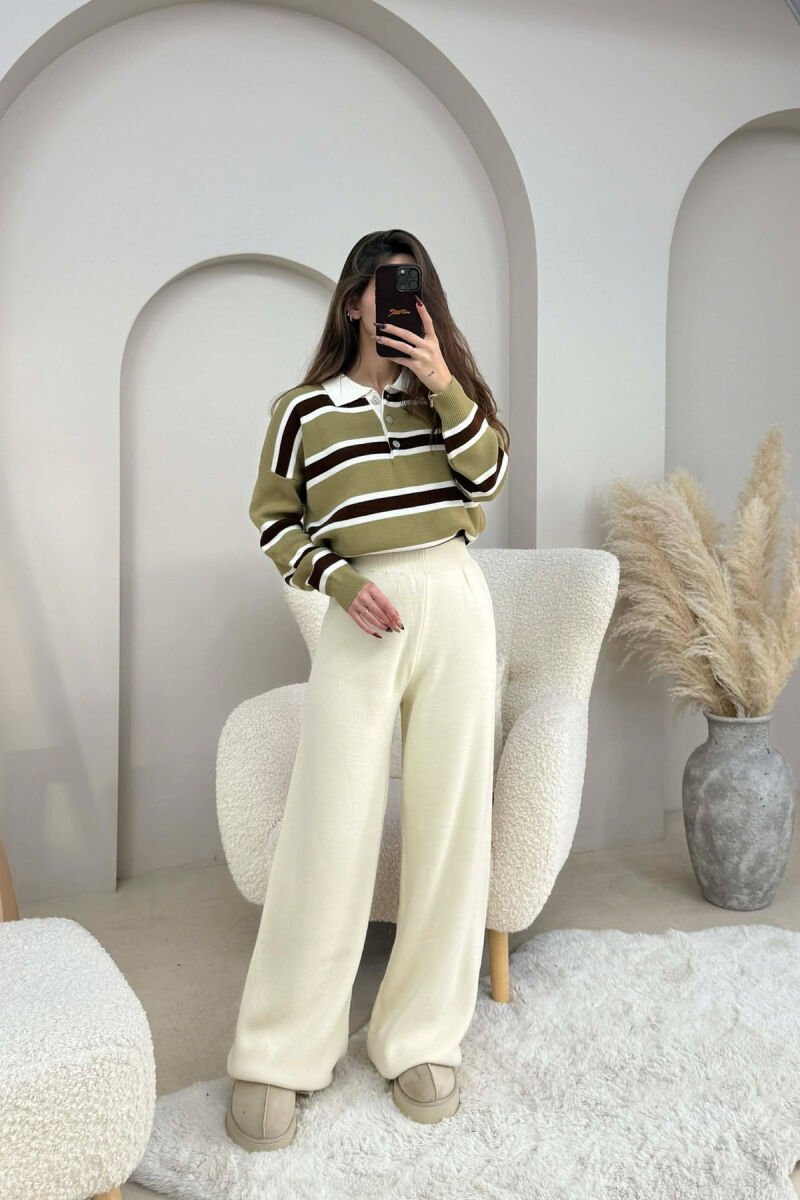 ONE COLOR SIMPLE KNIT WOMEN TROUSERS CREAM/KREM - 2