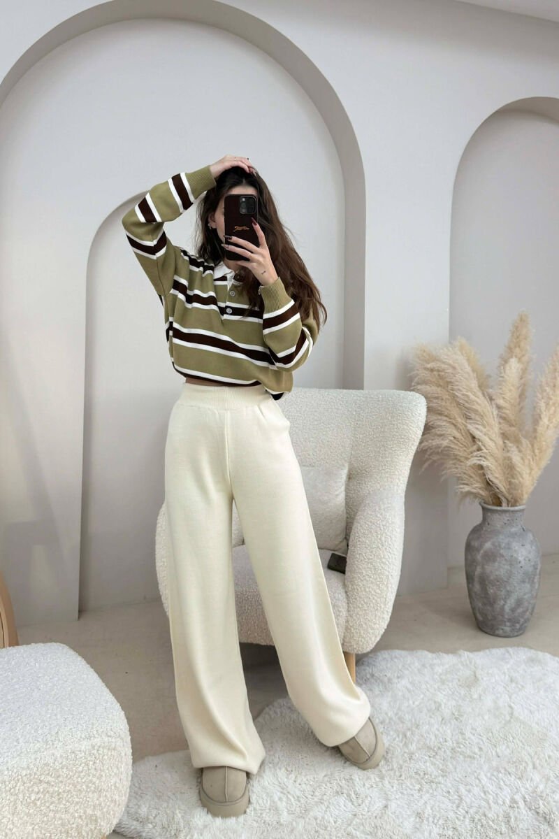 ONE COLOR SIMPLE KNIT WOMEN TROUSERS CREAM/KREM - 3