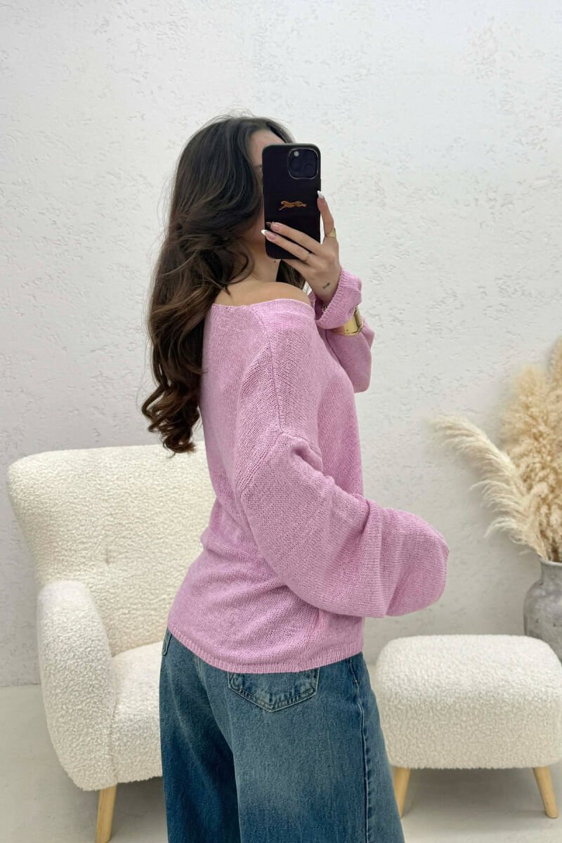 ONE COLOR SIMPLE KNITTED WOMEN SWEATER POWDER/PUDER - 3