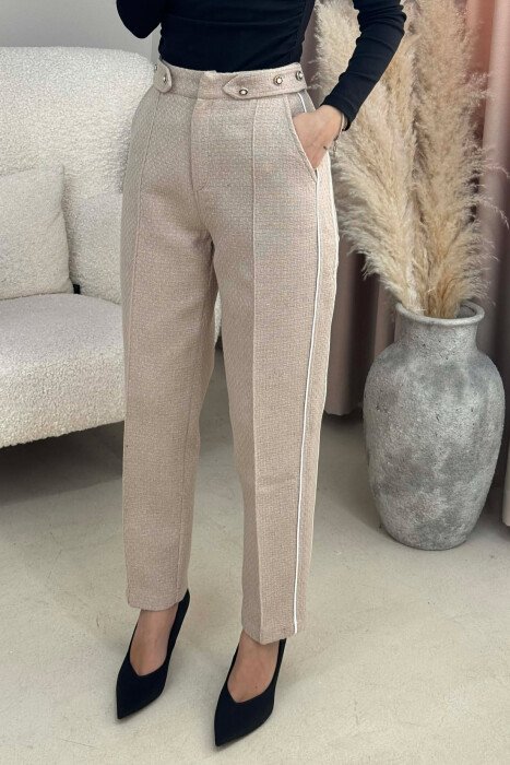 ONE COLOR SIMPLE KNITTED WOMEN TROUSERS BEIGE/BEZHE - KLAUDIO FASHION
