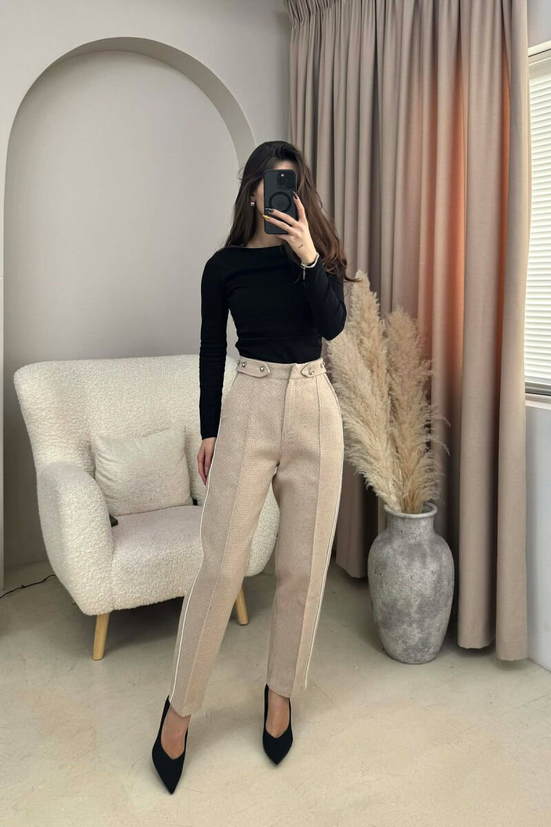 ONE COLOR SIMPLE KNITTED WOMEN TROUSERS BEIGE/BEZHE - 4