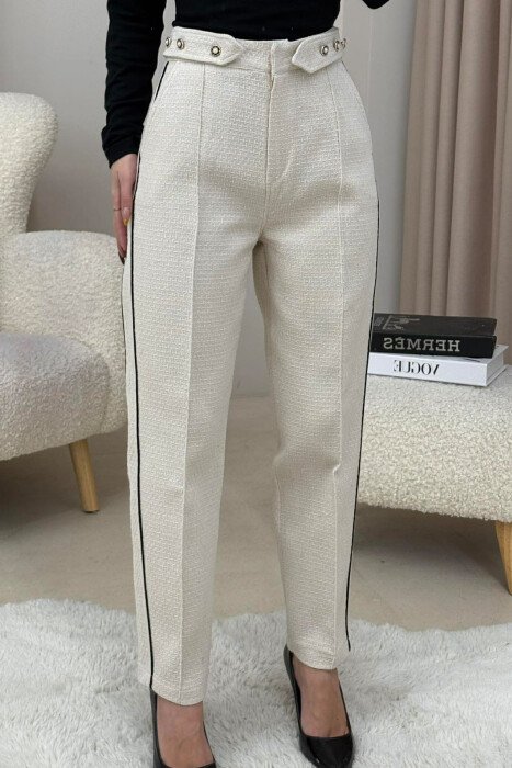 ONE COLOR SIMPLE KNITTED WOMEN TROUSERS CREAM/KREM - KLAUDIO FASHION